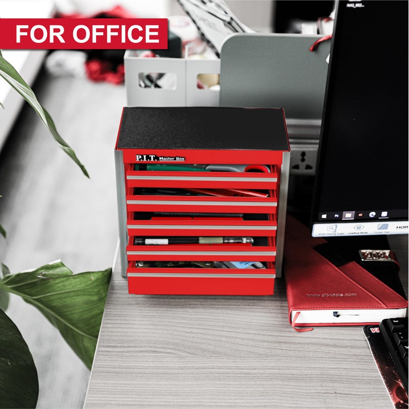 P.I.T. Mini Red Tool Box, Portable 3 Drawer Steel Stackable