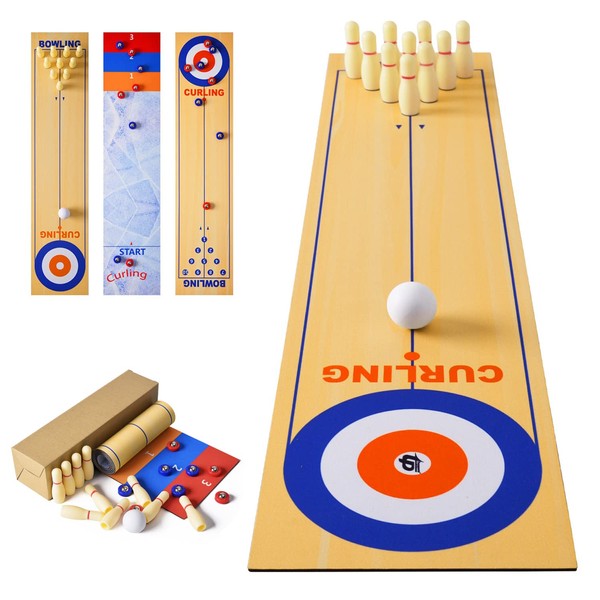 RAYNA GAMES 3 in 1Table Top Shuffleboard Curling Game Bowling Set, Portable Tabletop Set Includes 8 Rolling Mini Pucks,Mini Tabletop Game Foldable Family Game For Home School Travel