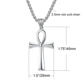 Ankh Cross Pendant Necklace for Womens Mens Gold Black Silver Tone Stainless Steel Rolo Curb Chain (SILVER, chain length:20")