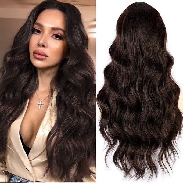 PORSMEER Women's Dark Brown Long Curls Wavy Natural Synthetic Hair Wig Wigs for Women / Girls Everyday Cosplay Costume Fancy Dress Party Wig