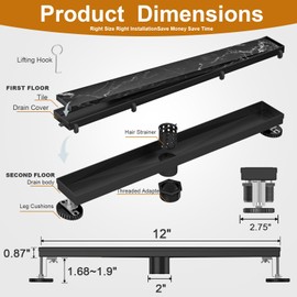 EBYTE Black Linear Shower Drain 12 Inch - 304 Stainless Steel Shower Drain, Matte Black Linear Drain with 2-in-1 Tile Insert Cover & Adjustable feet, Long Rectangle Floor Drain in Kitchen, Bathroom