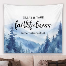 MNASAIOO Christian Mountian Woods Wall Tapestry Hanging for Bedroom, Bible Verse Scripture Great Is Your Faithfulness Tapestries,Blue Watercolor Wall Decor Banner for Living Prayer Room Church 50x60in