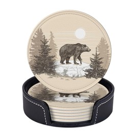 Famame 6 Pcs Vintage Bear in Stone Leather Coasters for Drinks with Holder Coaster Sets Drink Table Cup Coasters for Living Room Kitchen Coffee Decor