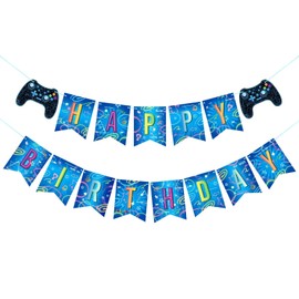 Video Game Happy Birthday Banner - Video Game Party Decorations for Kids Boys Gamer Theme Party Supplies Family Gaming Night Baby Shower Bunting Garland Pre-strung Hanging Wall Banner Decor