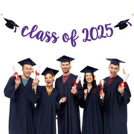 Purple Glitter Class of 2025 Banner - Congrats Grad Decor - Happy Graduation, High School/College/University Graduation Party Decorations