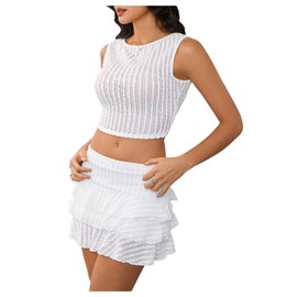 MakeMeChic Women's 2 Piece Textured Outfit Sleeveless Crop Tops and Ruffle Layered Mini Skirt Set White Small