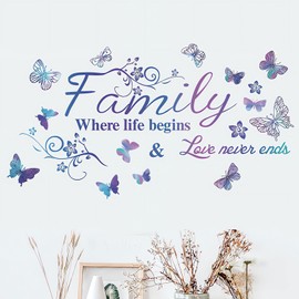 Family Wall Sticker, Inspirational Wall Decor Home Wall Decoration Warm Quotes Stickers Waterproof Removable Butterfly Sticker Letter Word Decal for Bedroom Dining Room Kitchen Wall Art Decor(Purple)