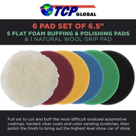 TCP Global 6.5 Inch Buffing Pads Set - 5 Smooth Flat Foam Buffer Pads & 1 Wool Pad for Orbital Buffers, DA Polish Pad for Paint Correction, Polishing Kit for Auto & Boat Gelcoat Detailing