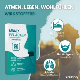 breathly Mundpflaster Schwarz – 60er Pack | Mundpflaster schlafen & Premium mouth tape gegen Schnarchen | Fördert Nasenatmung | Extra starker Halt auch mit Bart | Hautfreundlich | Schlafhilfe (60)