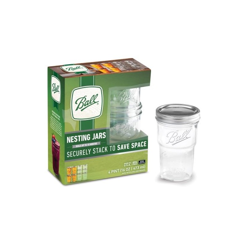 Ball Glass Nesting Mason Jars, Wide Mouth, Pint Size, 16