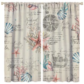 INSFBRB Vintage Nautical Coastal Rod Pocket Blackout Curtains,Thermal Insulated Room Darkening Watercolor Beach Nautical Theme Starfish Seashell Coral Bedroom Curtains,2 Panels 45L x 21W