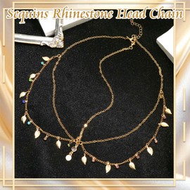 VENOFEN Sequin Head Chain Gold Leaf Boho Headpiece Jewelry Rhinestone Forehead Hair Chain Layered Headband Festival Goddess Costume Hair Accessories