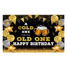 Allenjoy 70.8" x 43.3" Happy Birthday Backdrop for Men A Cold One for The Old One Black and Gold Photography Background 30th 40th 50th Bday Beer Party Decoration Banner Supplies Photo Booth Props