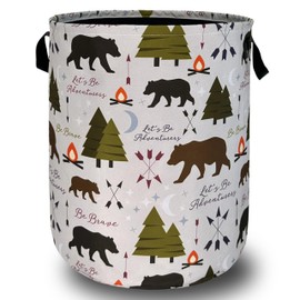 Funny Adventure Bear Forest Laundry Hamper Camping Laundry Basket With Handles Foldable Oxford Cloth Colorful Tote Bag Clothes Toy Storage Bucket 18.9"x16.5"For Bathroom/Laundry/Bedroom