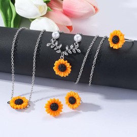 Cubahop Sunflower Pendant Necklaces Bracelets Earrings Rings Set Silver Jewellery for Women and Girls