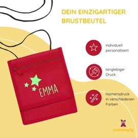 Neck Pouch with Name, Star Motif, Customisable and Printed with Name Print, Children's Purse, Coin Compartment for Children, Boys, Girls with Velcro Fastener for Hanging, red, Casual