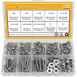 Sutemribor 214 Pieces #8-32 x 1/4", 5/16", 3/8", 1/2", 5/8", 3/4", 1", 1-1/4", Button Head Socket Cap Screws Nuts Washers Assortment Kit