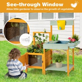 Costzon Mud Kitchen, Kids Potting Bench with Garden Bed & See-Through Window, Trellis, Kids Kitchen Playset w/Sink, Faucet, Storage Shelf, Gardening Toys, Outdoor Play Kitchen for Boys Girls Ages 3+