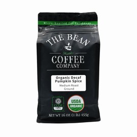 The Bean Organic Coffee Company Water Processed DECAF Pumpkin Spice, Medium Roast, Ground Coffee, 16-Ounce Bag, Café Molido Tostado Orgánico descafeinado