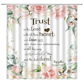 Inspirational Quote Shower Curtain Trust in The Lord with All Thine Heart Motivational Word Proverb Watercolor Floral Pink Flower Rose Fabric Home Bathroom Decor Set with Hooks（70" WX70 H）