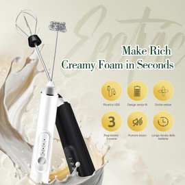LUODIRGB Milk Frother Handheld, Rechargeable Frother Wand for Coffee, Electric Whisk with 2 Heads 3 Speeds Drink Mixer Foam Stirrer For Latte, Cappuccino, Hot Chocolate, Egg, Protein Powder (White)