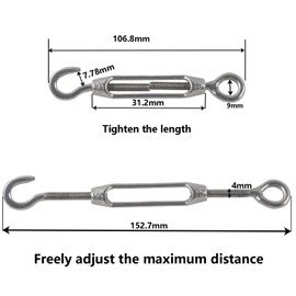 M4 Turnbuckle Wire Tensioner 304 Stainless Steel Adjustable Turnbuckle Hook and Eye Rope Cable Tension for Rope Tightener Garden Wire ClotheslineTensioner Heavy Duty Sun Shade Sail Fixing Kit 5pcs