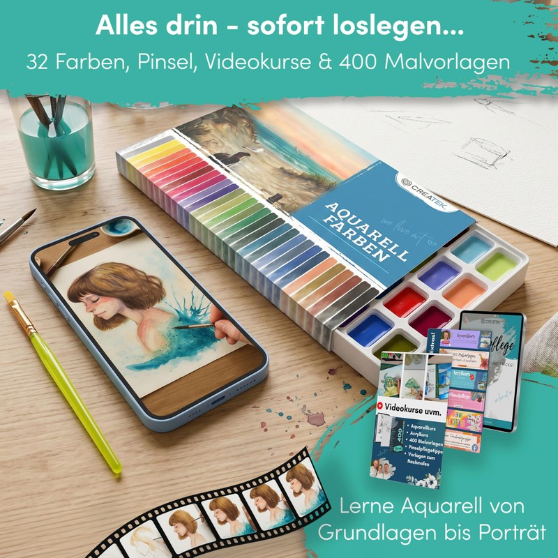 CreaTek Watercolour Paint Set 32 Highly Pigmented Watercolours Including Watercolour