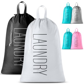 Travel Laundry Bag - 2-Pack - Fun Print Design Bags for Dirty Clothes, Extra Large Capacity, Durable Water Resistant Fabric, Sturdy Drawstring Closure (Black-White | Laundry)
