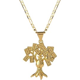 18K Gold Plated 100 Dollar Bill Tree Pendant Necklace for Women Men Money Tree Pendant 3mm Flat Figaro Chain Necklace 18/22 inches - Style: chain length: 18"