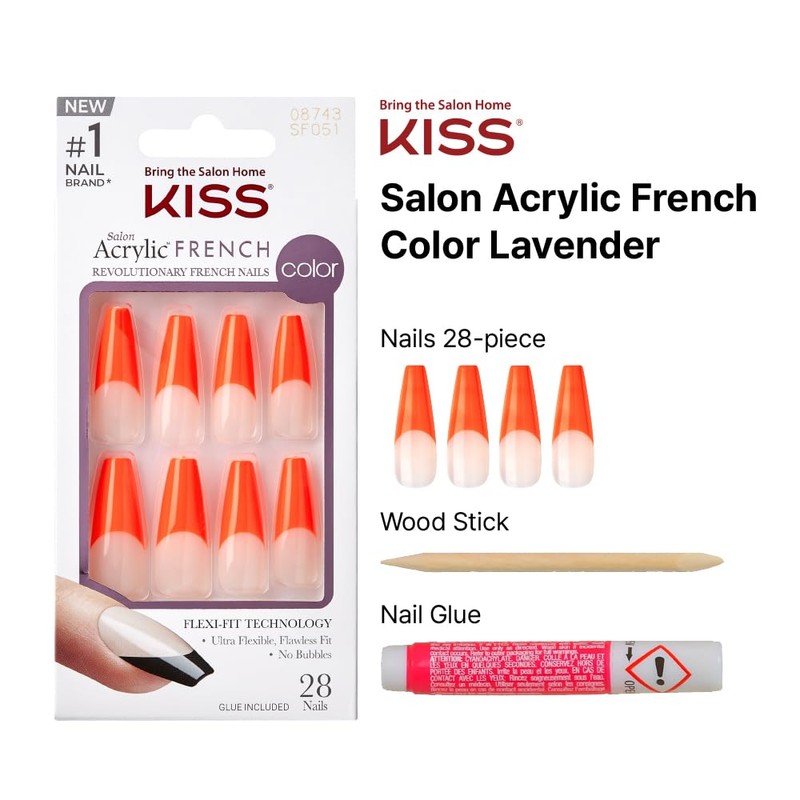 KISS Acrylic French False Nails Kit, X-Long Coffin Shape Design