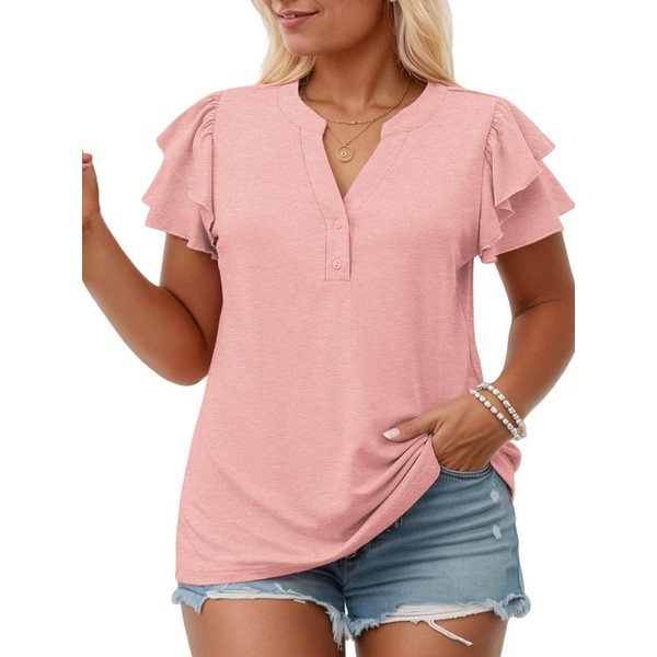 Womens Plus Size Summer Tops Ruffle Short Sleeve Shirts Button