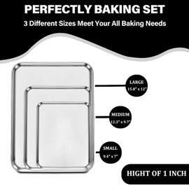 Set of 3 Baking Sheet, Stainless Steel Cookie Sheet Baking Sheet Pan, 9/12/16 Inch Cookie Tray Pans for Baking, Non Toxic & Easy Clean