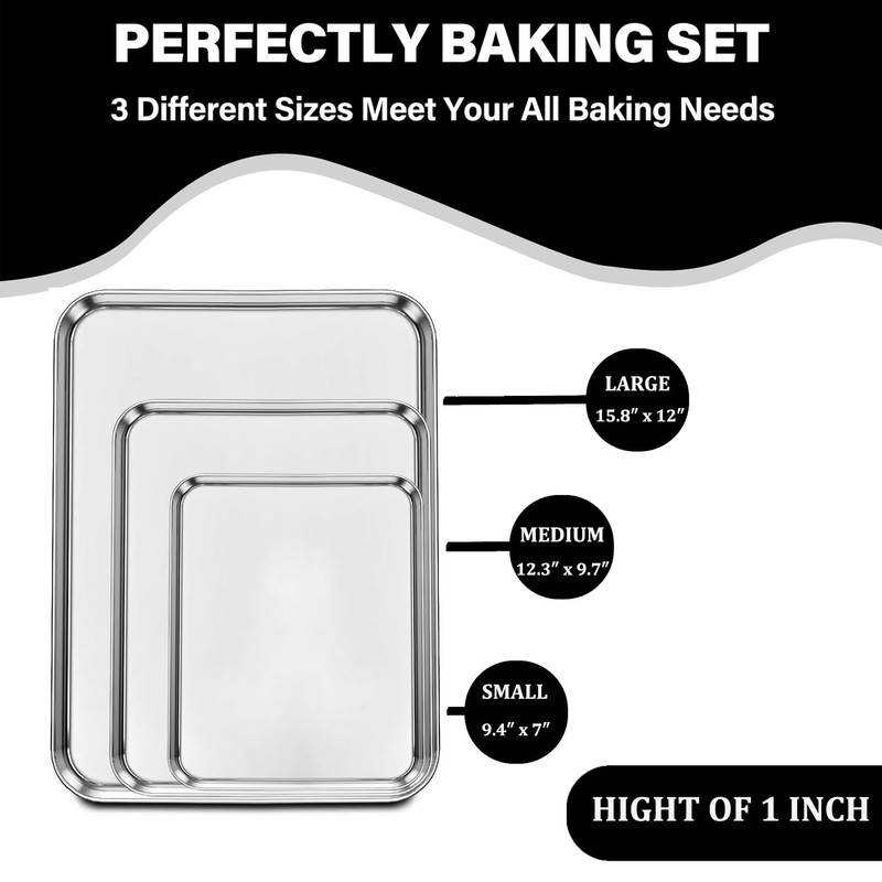 Set of 3 Baking Sheet, Stainless Steel Cookie Sheet Baking
