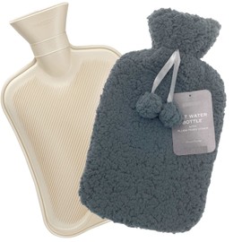 Hot Water Bottle with Cover 2 litres- Cosy Plush Teddy Fur Pom Pom Hot Water Bottle Bed Warmer- Water Bag for Hot and Cold Compress Neck and Shoulder Pain Relief (Grey)