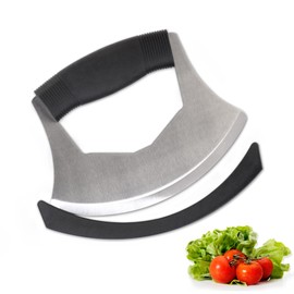 XoYoZo Salad Chopper Mezzaluna Knife with Protective Cover and Anti-Slip Handle - Stainless Steel Vegetable Cutter, Onion Chopper, Pizza Cutter