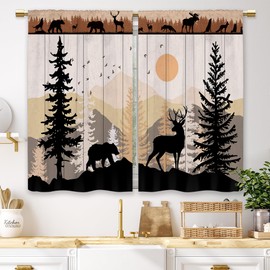 Laifzere Farmhouse Forest Cabin Kitchen Curtains Rustic Wooden Small Short Cafe Window Curtains Tree Country Deer Bear Rod Pocket Bathroom Window Drapes Treatment Tier Curtains 2 Panels (26x24 Inch)