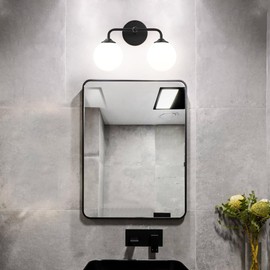 Industrial Matte Black 2-Lights Bathroom Light Fixtures, Vanity Wall Sconce Lighting with Milky White Glass Shade, Modern Bathroom Vanity Lighting, Wall Sconces over Mirror Dressing Table Bedroom