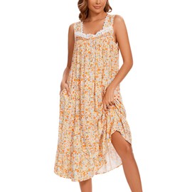 AVIIER Cotton Nightgowns for Women Sleeveless House Dress Ladies Long Nightdress with Pockets Orange Flower M
