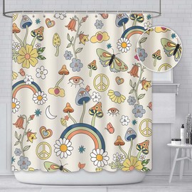 AIBIIN 180x180cm Mushroom Shower Curtain Boho Floral Washable Waterproof Fabric Bath Curtains Set Hippie 70s 80s Funky Groovy Aesthetics Retro Curtains for Bathroom with 12 Hooks
