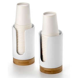 Viosuniu Ceramic Bathroom Cups Dispenser - 3-5 oz Disposable Paper & Plastic Bathroom Cups Holder - Mouthwash Cups Dispenser for Bathroom, Guest Toiletries, Countertop - BPA Free (White, 2 Pack)
