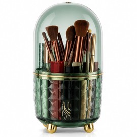 FAVORTALK Make-Up Cosmetic Organiser with 6 Compartments, 360° Rotating Brush Holder, Makeup Organiser, Brush Storage, Brush Container, Dressing Table Organiser, for Bathroom, Bedroom (Green)
