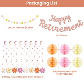Retirement Party Decorations for Women, Rose Gold Happy Retirement Banner Female, Honeycomb Balls, Hanging Swirl,Retired Parties Supplies