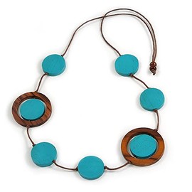 Avalaya Turquoise Blue/Brown Coin Wood Bead Cotton Cord Necklace - 88cm Long - Adjustable
