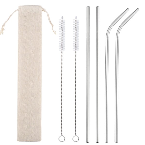 Set of 4 Reusable Metal Straws, Long Stainless Steel Straw with Cleaning Brushes and Case, Drinking for 30 oz and 20 oz Tumblers.