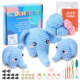 ASTNIC Crochet Kits for Beginners,3pcs Cute Elephant Crochet Set,Knitting Starter Kit for Kids and Adults with Instructions and Enough Yarn Hook Accessories,Crochet Gifts for DIY Craft Art