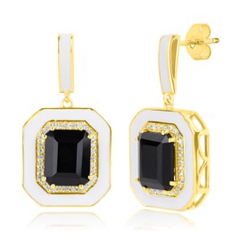 MAX + STONE 5 Carat Big Onyx Gemstone White Enamel & Sapphire Accents | 14K Gold over Sterling Silver Black Onyx Earrings for Women|Hypoallergenic December Birthstone 32 MM