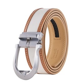 Tonywell Men's Leather Ratchet Belt, 1 3/8" Adjustable Dress Belt, Trim to Fit (White/Brown Belt Silver Buckle 2)