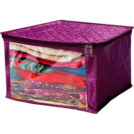 atorakushon Satin Fabric Foldable Garments Saree Blouse Cover Bag Pouch Closet Wardrobe Organizer With Clear Window Zipper Lock Pack of 5 (Purple)