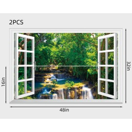 FLFK Fake Window Wall Mural - Jungle Waterfall Faux Window Wall Sticker for Wall Decor, Peel and Stick Wall Decals,48"x32",Set of 2 Sheets
