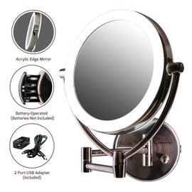 Ovente 7.5" Lighted Wall Mount Makeup Mirror, 1X & 10X Magnifier, Spinning Double Sided Round LED w/ Dimmer Switch, Extend, Retractable & Folding Arm, Battery USB Powered Antique Brass MLW75AB1X10X